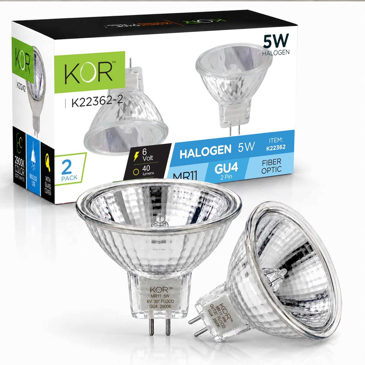 KOR MR11 5W 6V Halogen Reflector Light Bulbs, GU4 Bi-Pin, 2-Pack