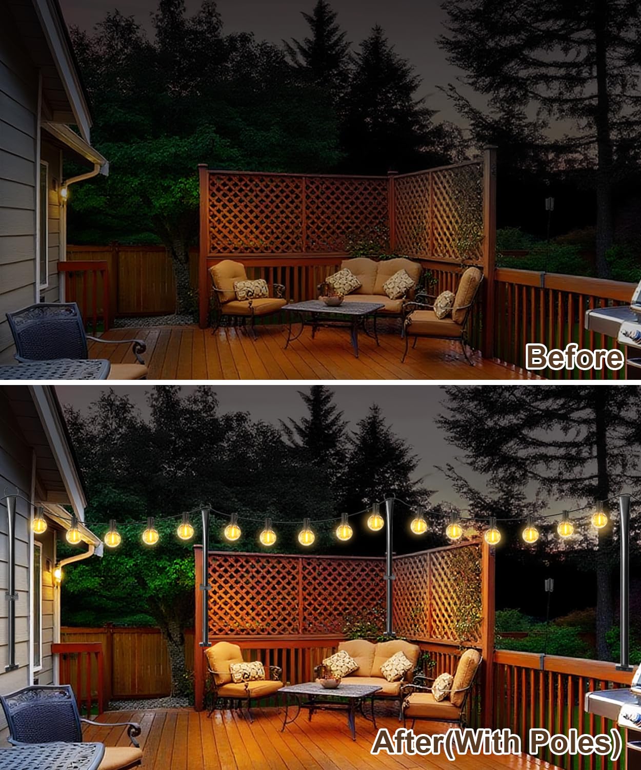 4 Pack String Light Poles for Deck, 5Ft Upgraded Heavy-Duty Metal Deck Light Poles for Outside with Fixing Clips, Lighting Hanging Post Accessories