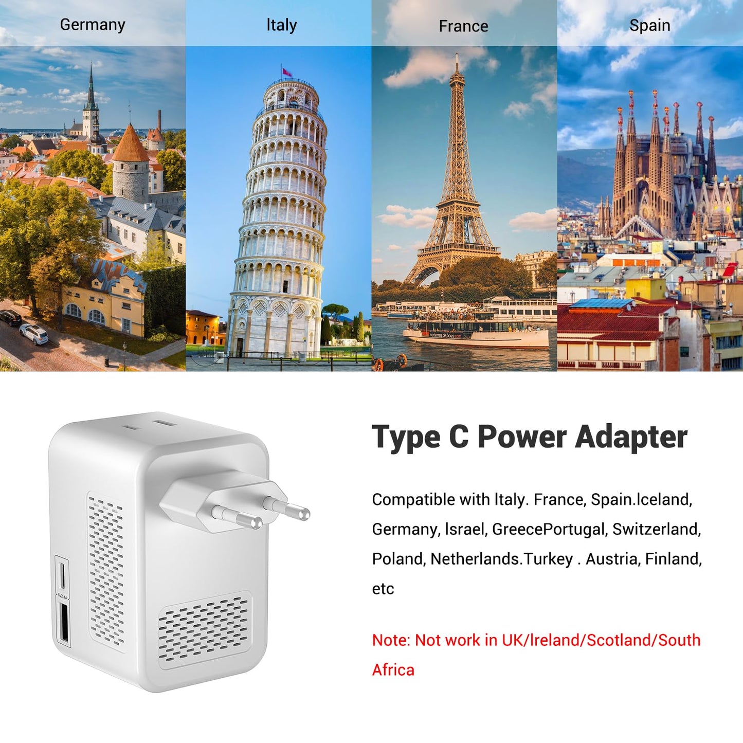 SARQW 220V to 110V Voltage Converter Plug – USA to Europe Travel Adapter with 2 USB, 2 USB-C PD 20W & 2 AC Outlets International Power