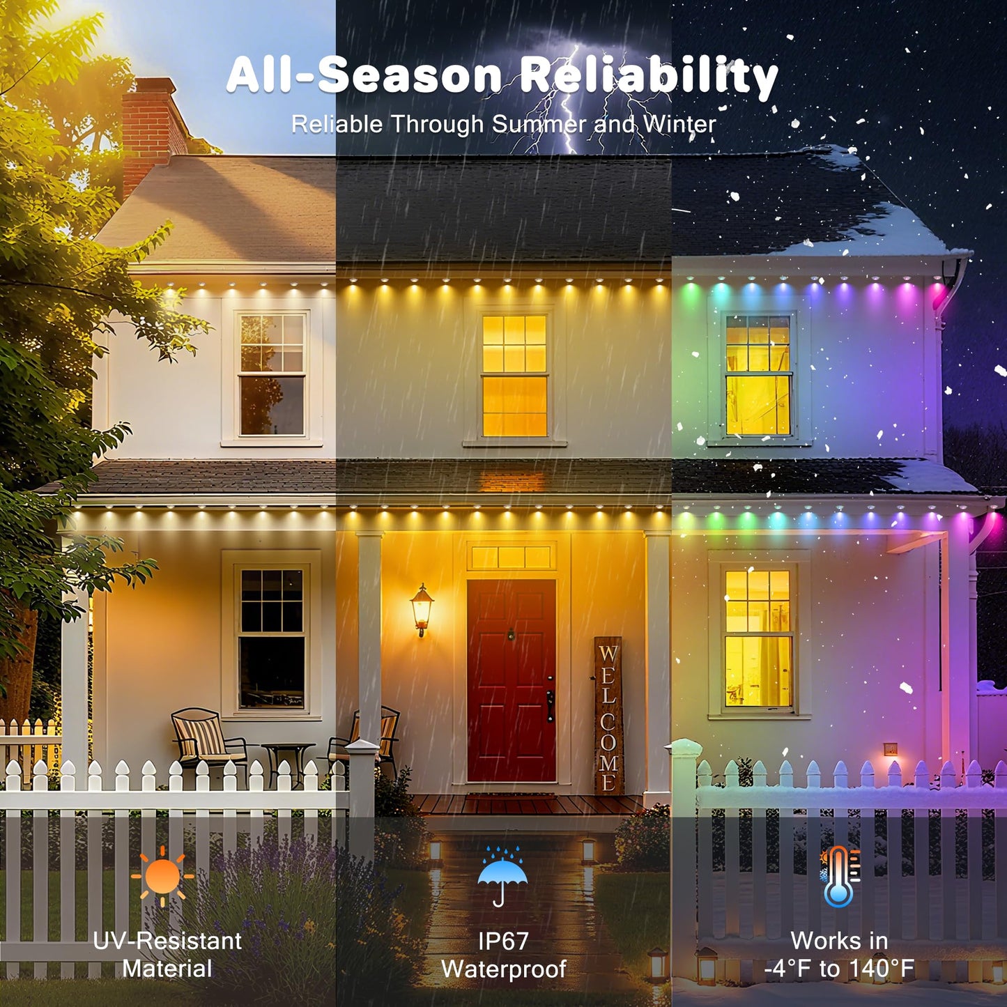 Briteglotec 50ft Permanent Outdoor Lights with 30 Bright LEDs, 120° Wide Beam RGBIC Smart Eave Lights, 16 Million Colors & Music Sync, IP67 Waterproof