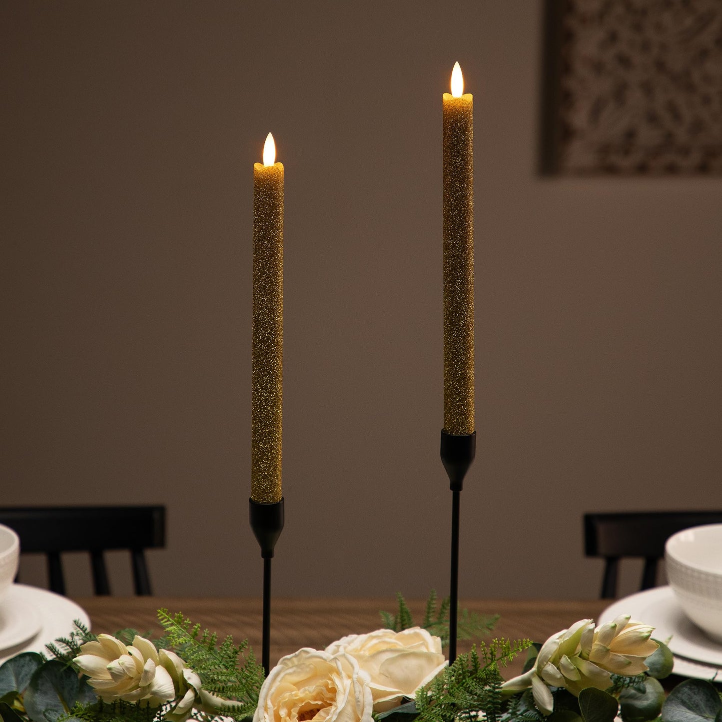 LED Flickering Flameless Taper Glittered Christmas Candles - 11" - Gold - Set of 2