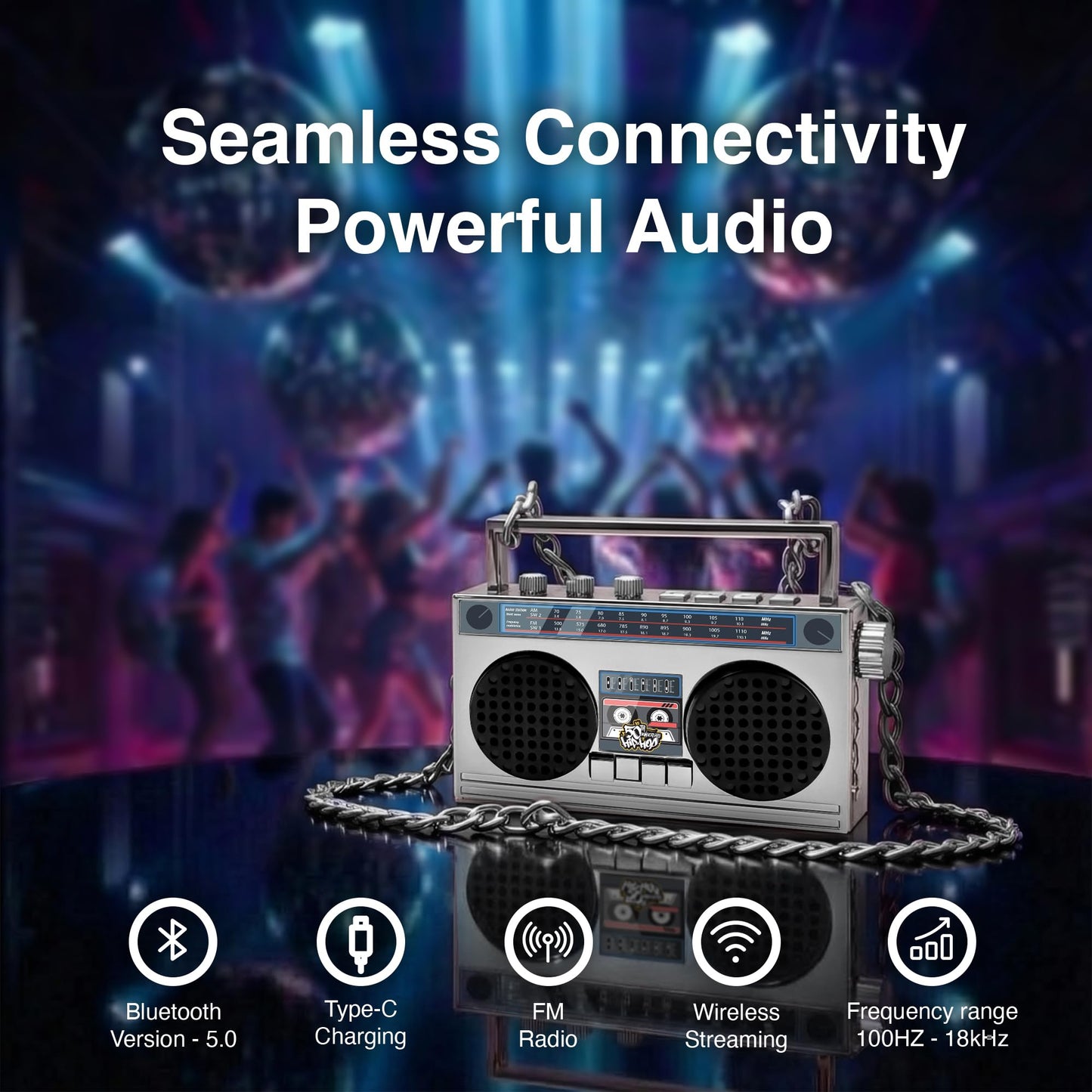 Portable Bluetooth Speakers, Retro Speakers Bluetooth Wireless Wearable Mini Bluetooth Boombox with 27” Neck Chain, FM Radio, On-Board Buttons, Dual
