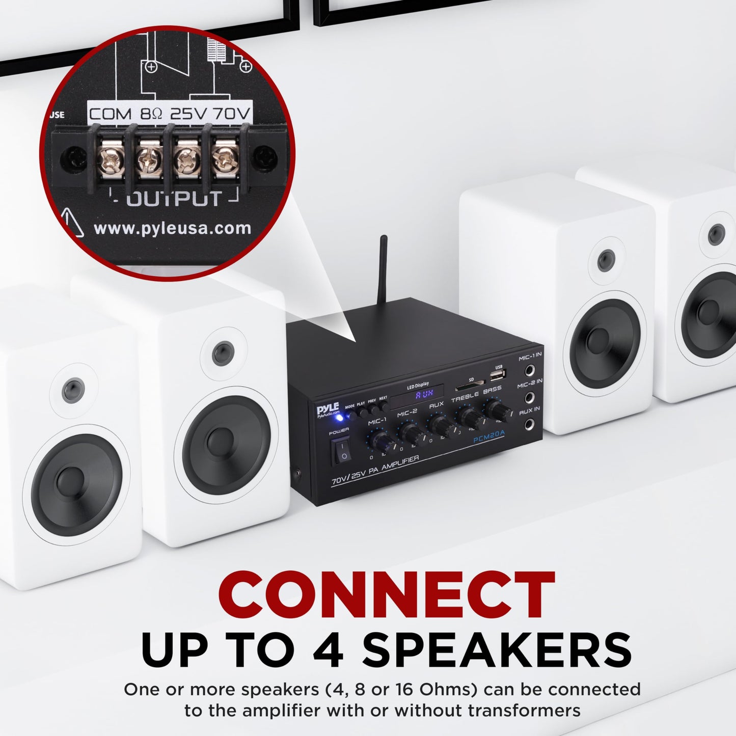 Pyle Compact Mini Home Power Amplifier - 40W Smart Small Audio Stereo Receiver w/ AUX 2 Microphone IN COM/8-Ohm/25V/70V Speakers LED Input Selector