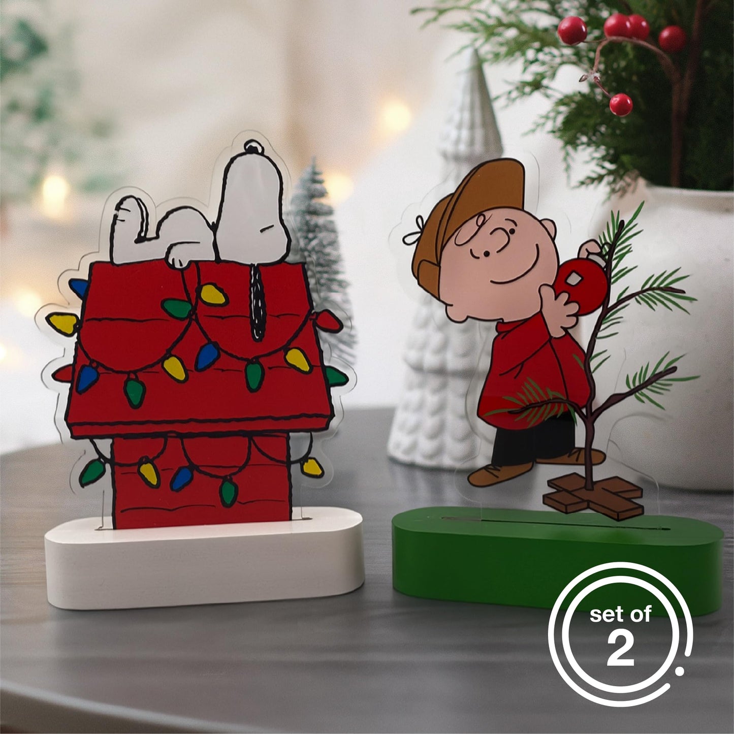 Mark Feldstein, Peanuts Holiday LED Illuminated Acrylic Tabletop Lights, Snoopy's Decorated Doghouse and Charlie Brown's Christmas Tree, 6 Inch (Set