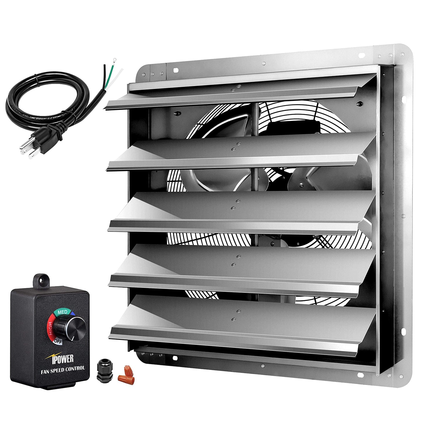 iPower 20 Inch Wall Mounted Shutter Exhaust Fan with Speed Controller and Power Cord Kit, Aluminum, 1200 RPM, 3368 CFM, for Attic, Garage, Louvered