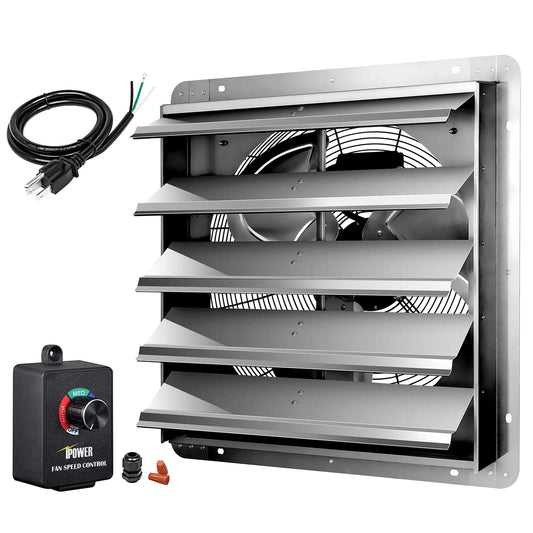 iPower 20 Inch Wall Mounted Shutter Exhaust Fan with Speed Controller and Power Cord Kit, Aluminum, 1200 RPM, 3368 CFM, for Attic, Garage, Louvered