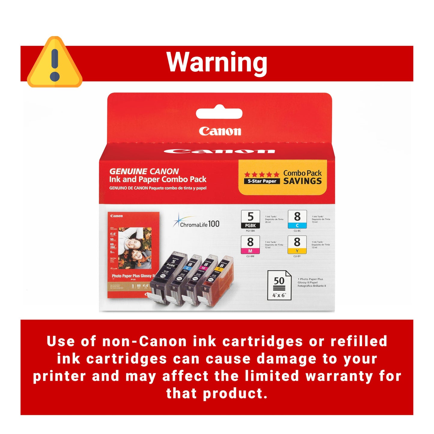 Canon PGI-5/CLI-8 Genuine Combo Pack with Photo Paper 50 Sheets, Compatible with MP500, MP510, MP520, MP530, MP600, MP610, MP800, MP800R, MP810