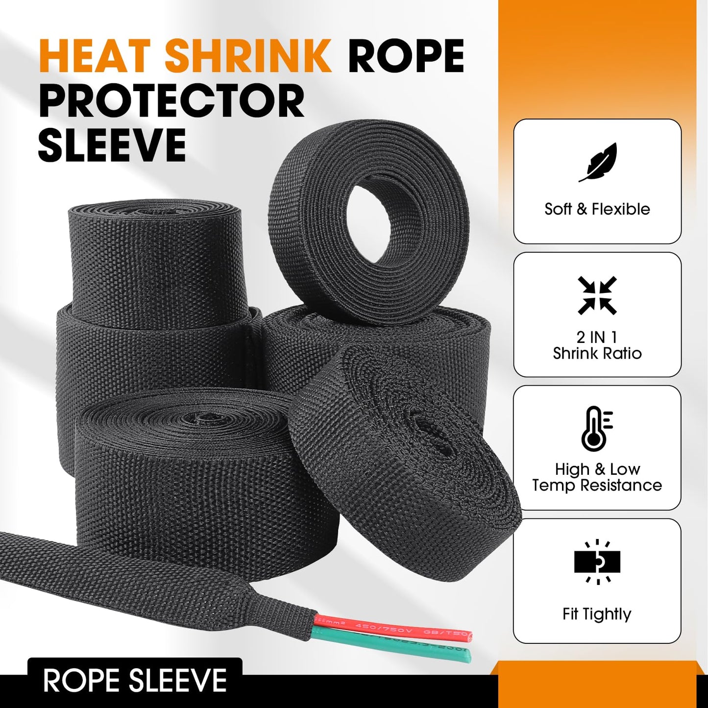 SUNNAREPOON Heat Shrink Rope Protector Sleeve, Prevent Overheating and Slipping Winch Rope Protective Sleeve for Trolling Motor Cable Sleeve (2-1/4''