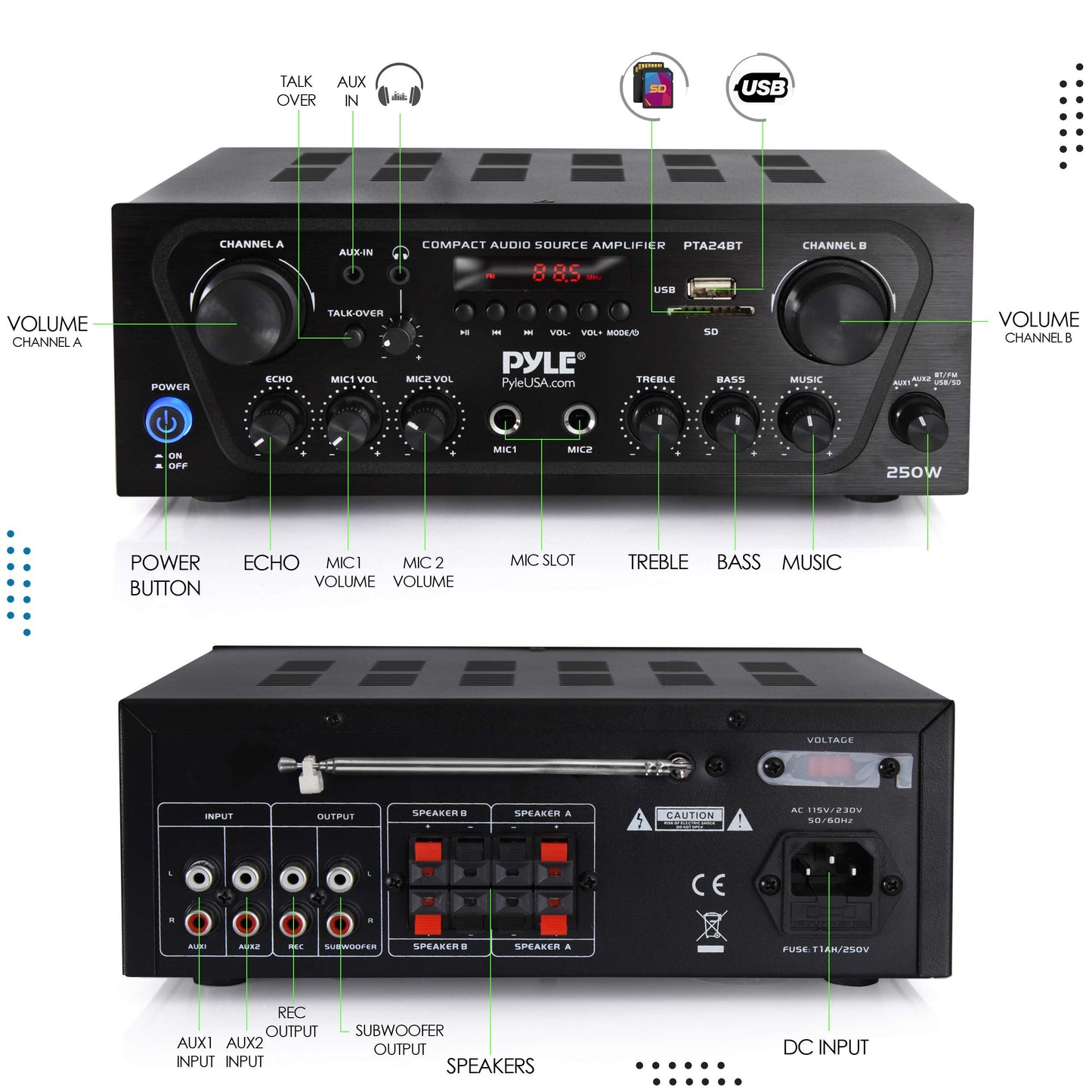 Pyle 2-Channel Bluetooth Home Stereo Amplifier - 250W Wireless Audio Receiver, Karaoke Optimized: Dual Mic In with Echo, Mic Talk-Over, FM Radio
