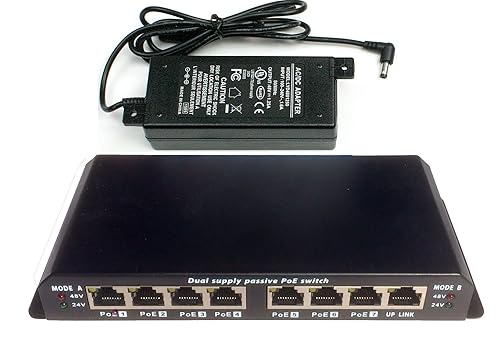PoE Texas POES-8-7-48v60w | 8 Port Ethernet Switch with Passive PoE on 7 Ports - Power Over Ethernet for 802.3af | Includes 48 Volt 60 Watt Power