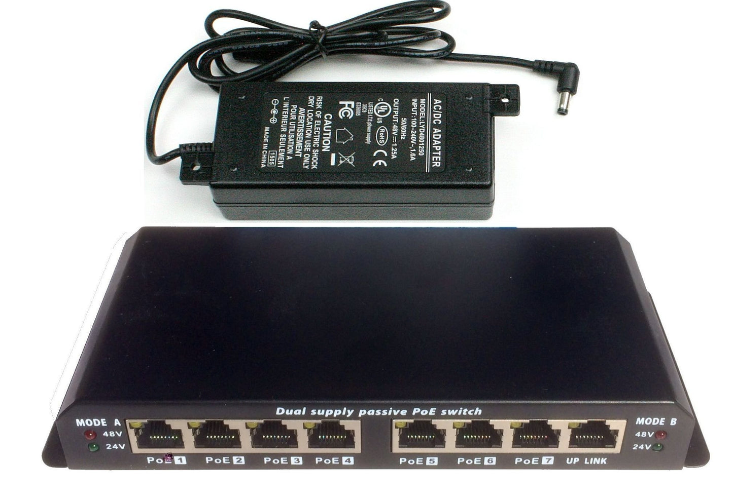 PoE Texas POES-8-7-48v60w | 8 Port Ethernet Switch with Passive PoE on 7 Ports - Power Over Ethernet for 802.3af | Includes 48 Volt 60 Watt Power