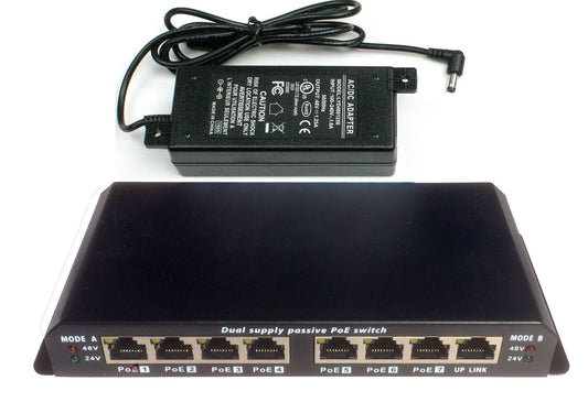 PoE Texas POES-8-7-48v60w | 8 Port Ethernet Switch with Passive PoE on 7 Ports - Power Over Ethernet for 802.3af | Includes 48 Volt 60 Watt Power