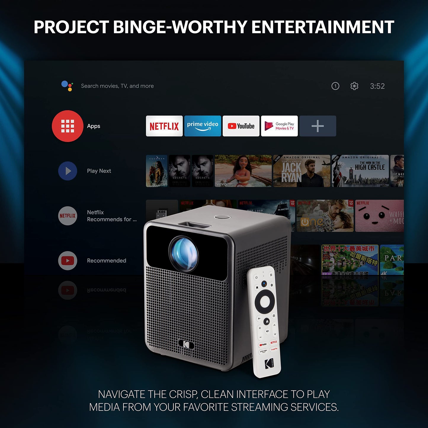 KODAK FLIK HD10 Smart Projector | Android TV 1080P FHD Video Projection System with Google Assistant, Wi-Fi, Bluetooth 5.0, HDMI, USB, Aux & Built-in