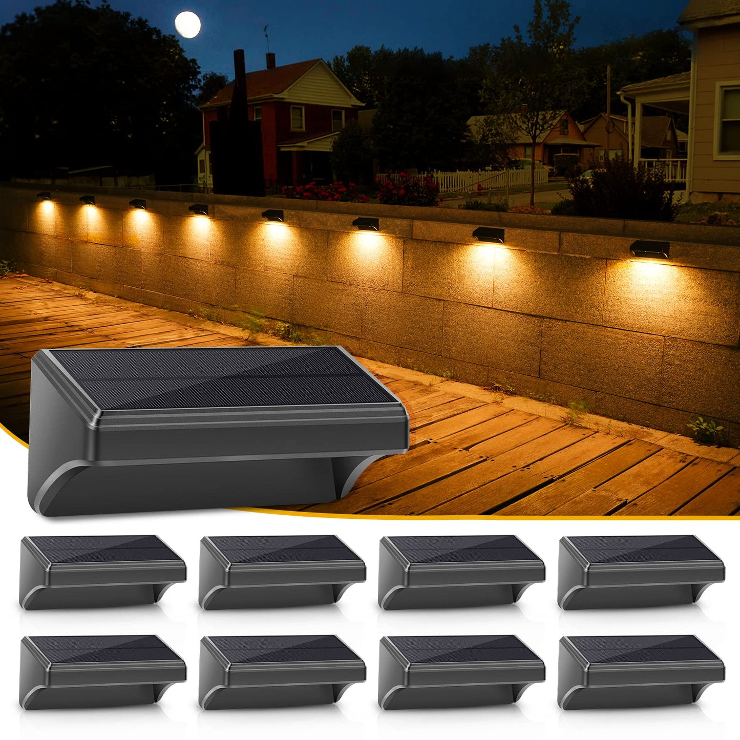 Aulanto Solar Fence Lights 8 Pack-Plus,100 Lumen Big Outdoor Solar Light IP65 Waterproof, Warm White and 10 RGB Modes,Fence Lights Otdoor Solar
