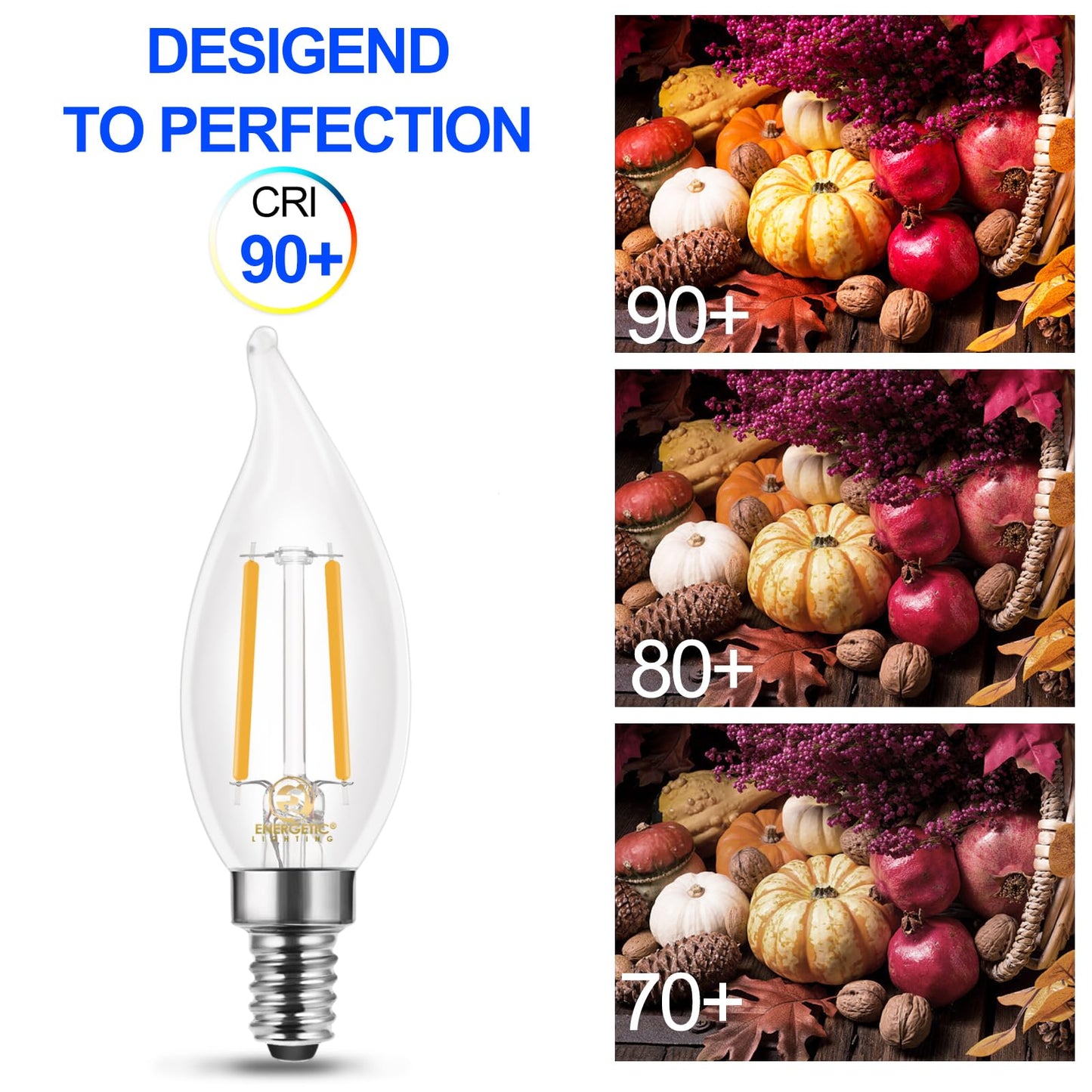 Energetic 90+ CRI LED Candelabra Light Bulb 60W Equivalent E12 LED Bulb Dimmable 2700K Soft White, Chandelier Light Bulbs, 5W 450LM Flame Tip CA10