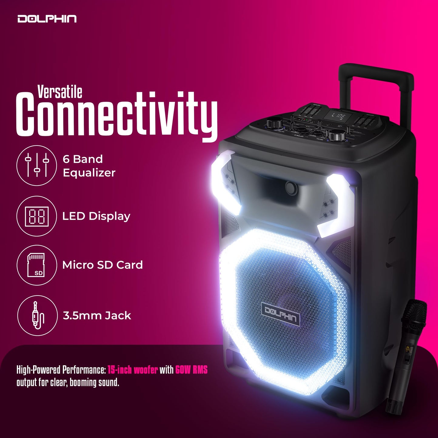 Dolphin X-BASS Portable Party Bluetooth Speaker with Bass Boost, LED Lights, & 100 RMS Watts of Power, 25-Inch Tall