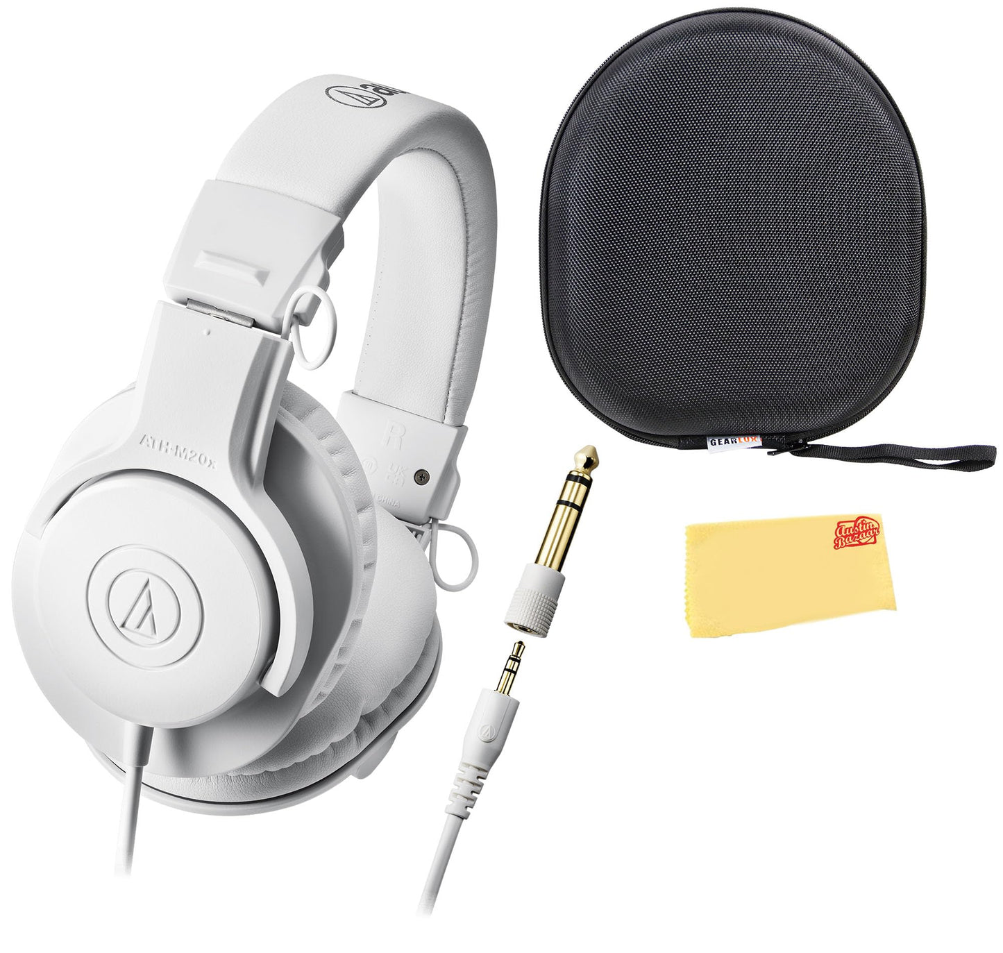 Audio-Technica ATH-M20xWH Professional Monitor Headphones - White Bundle with Case and Austin Bazaar Polishing Cloth