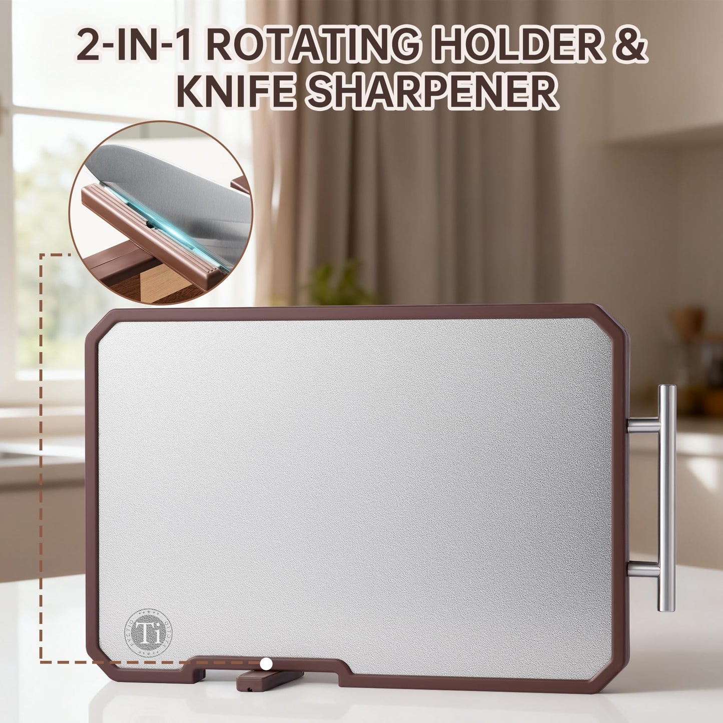 Titanium Cutting Board with Knife Sharpener, Pure Titanium & Acacia Wood Cutting Boards for Kitchen, Double Sided Checkerboard Chopping Board…