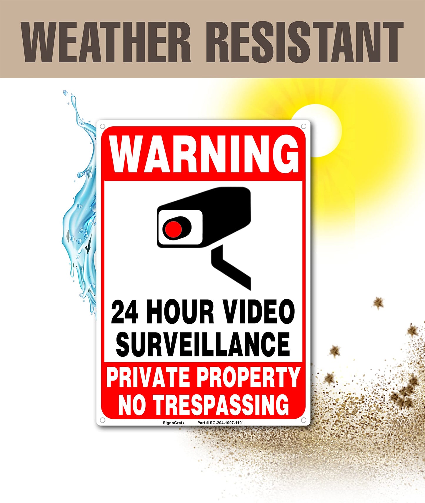 SIGNOGRAFX 24 Hours video surveillance sign, Private Property No Trespassing Signs,2-Pack, 10 x 7 Inches, Security camera for home, Business
