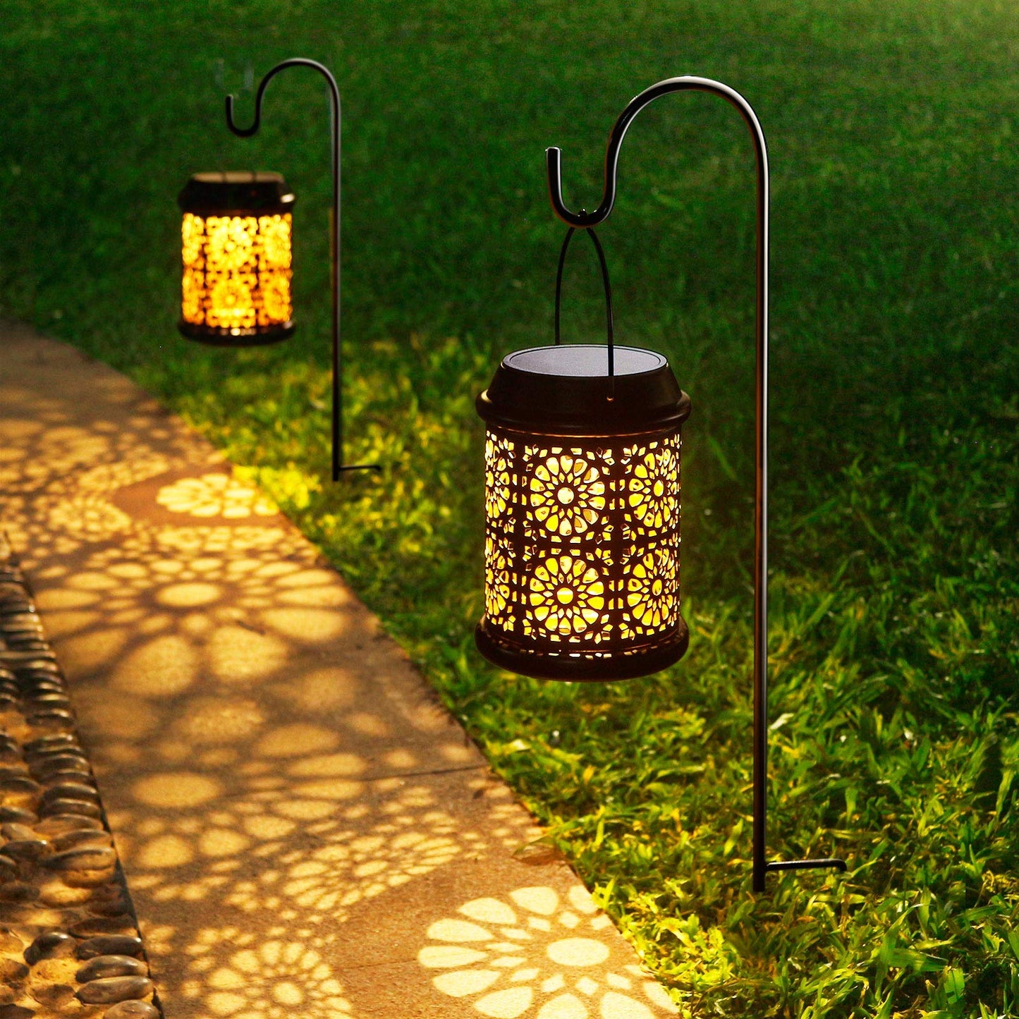 DenicMic Solar Lantern Outdoor Solar Lights Outdoor Hanging Lantern with Handle & Hook Waterproof, 25 Lumen Warm White LED Metal Decorative