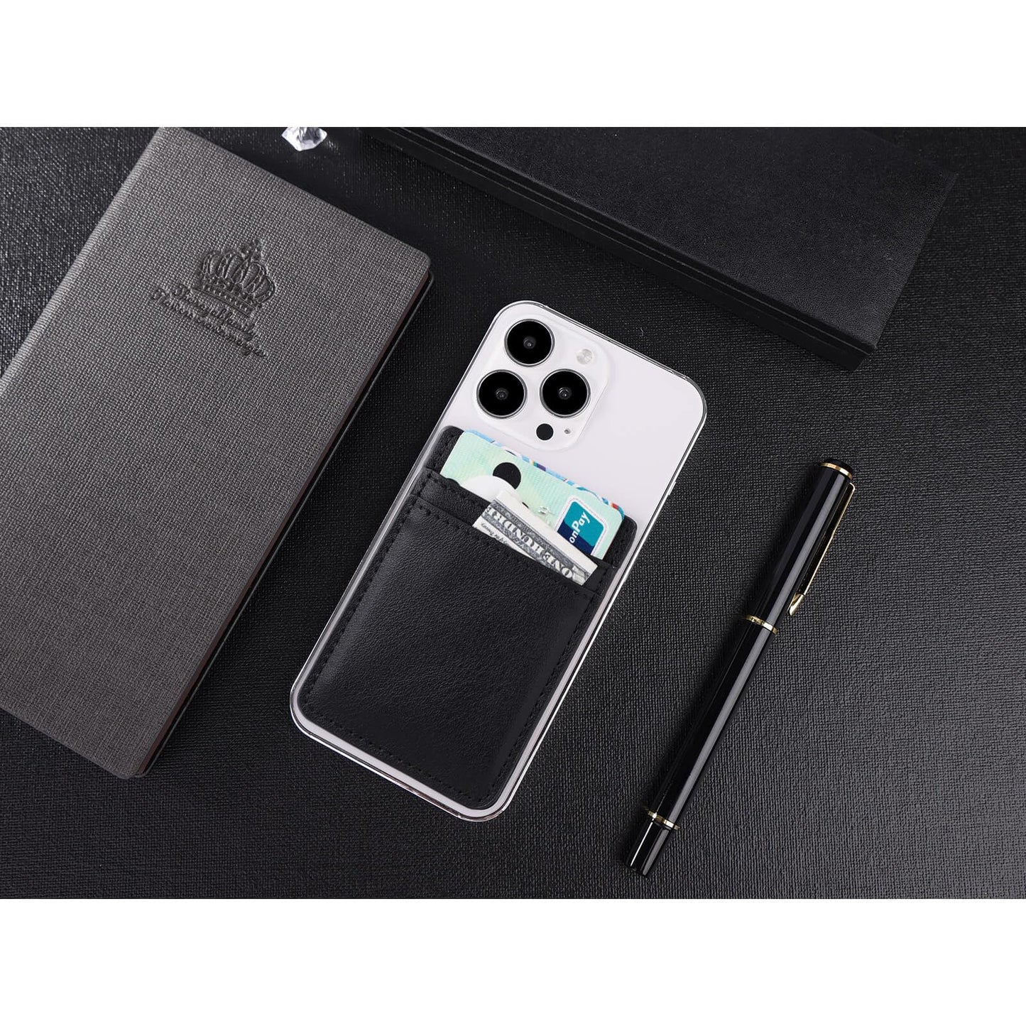 Phone Wallet Stick on,2Pack Card Holder for Back of Phone Case, Leather Credit Card Holder for Cell Phone Sticky Wallet RFID Double Pocket Sticker