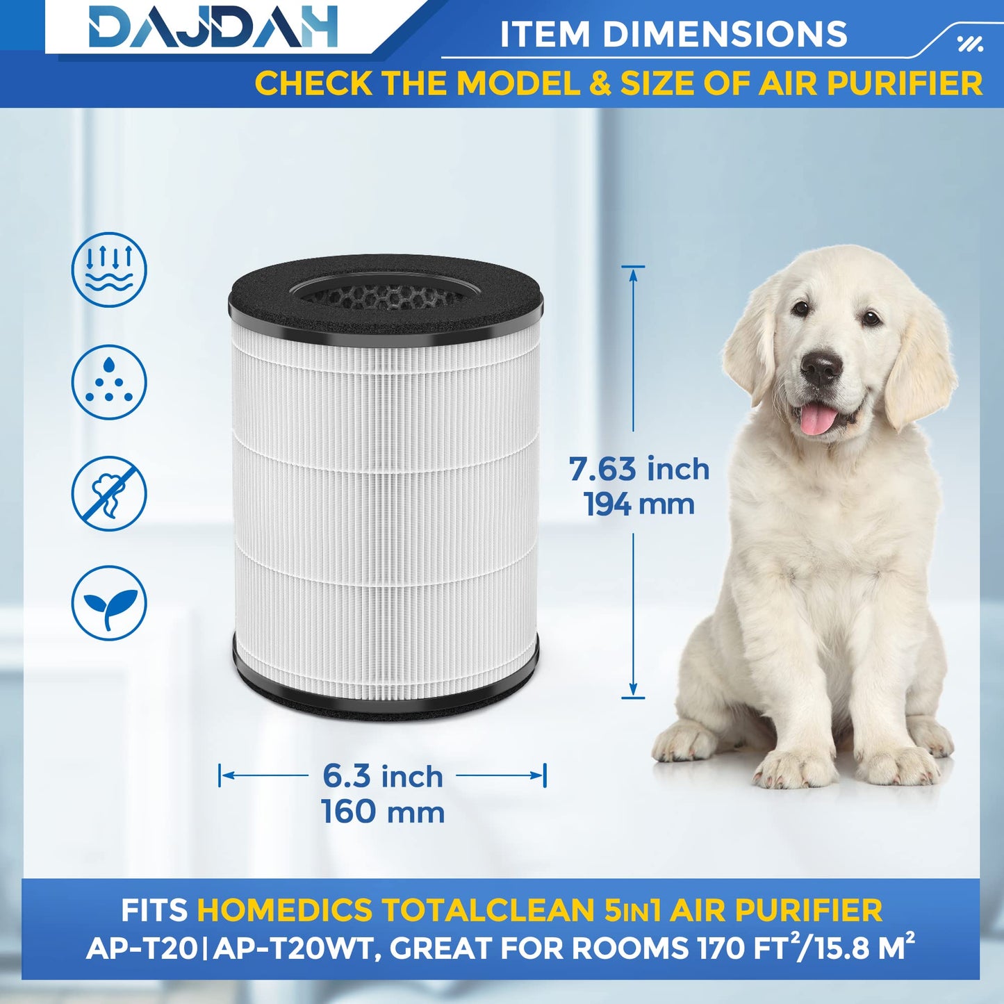 AP-T20 AP-T20FL Replacement Filter Compatible with Homedics Air Purifier Filter Replacement for Homedics Total Clean 3 in 1 Air Purifier Models AP-T20