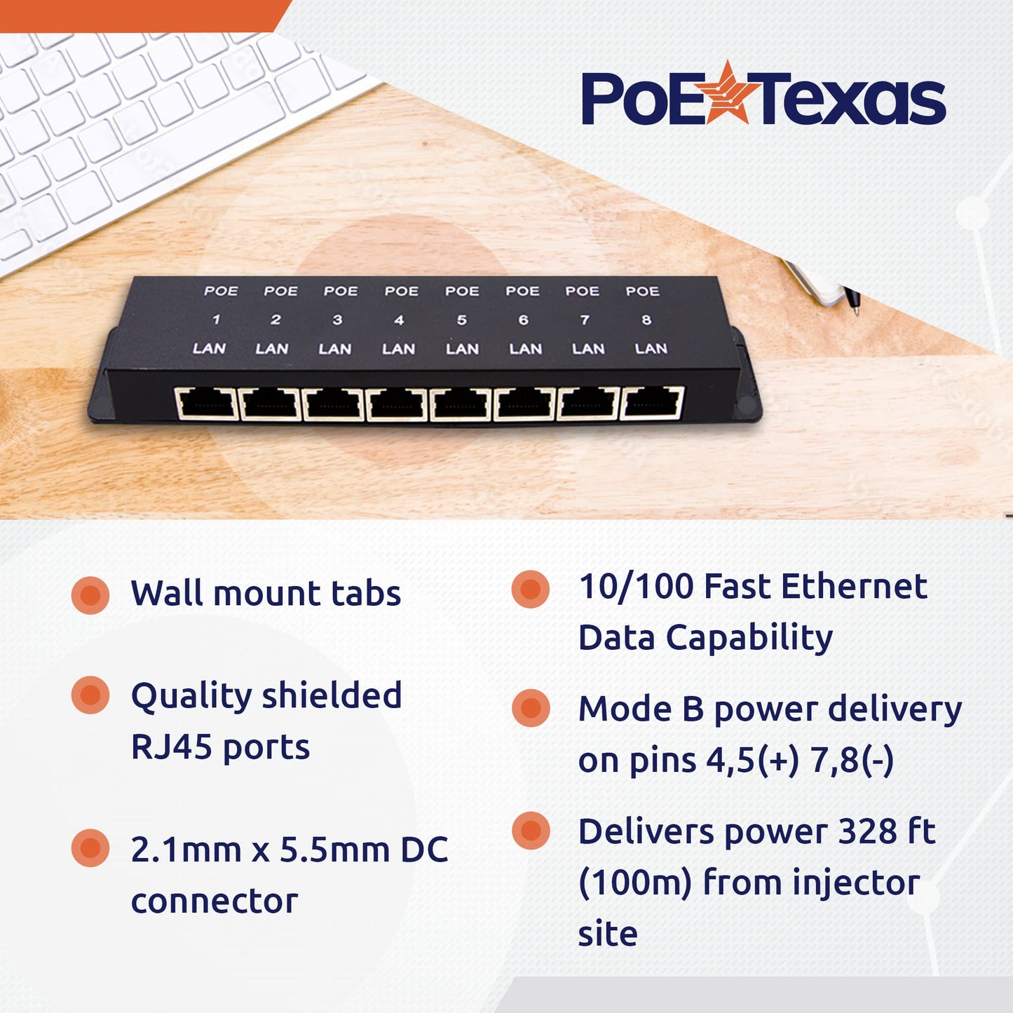 PoE Texas 8 Port PoE Injector - 8 Port PoE Adapter - Add Power Over Ethernet for Passive Devices - 10/100 Data Rate for PTZ, IP Camera Video Security