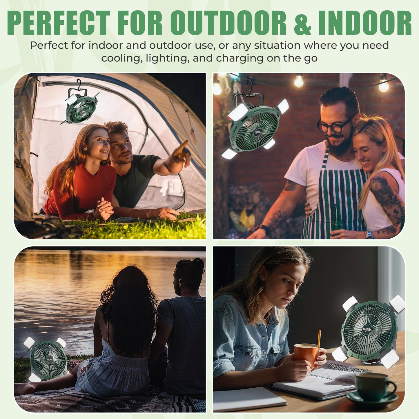 Siglife Solar Camping Fan - Camping Fan Solar Powered with Light, Remote & Power Bank - Portable Solar Fans for Tents, Hiking, Power Outage,