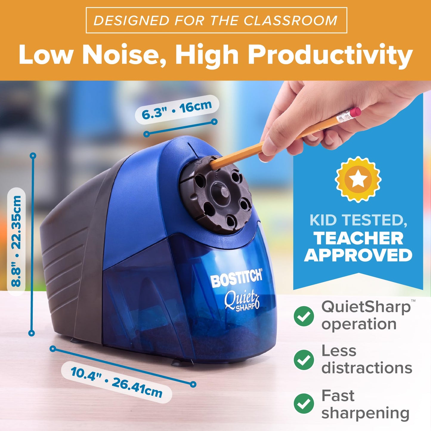 Bostitch Office QuietSharp Electric Pencil Sharpener, Heavy Duty Classroom or Office Use, with 6 Size Options, Blue