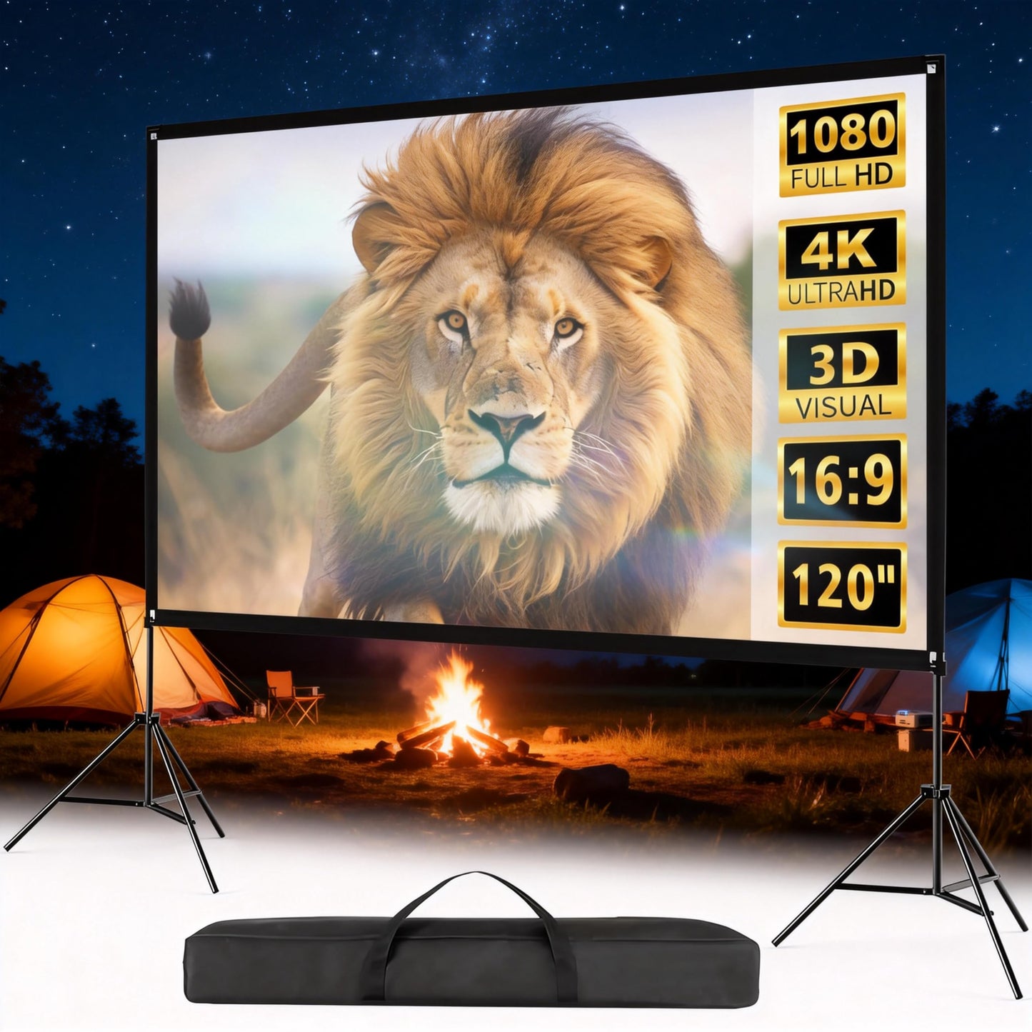 TOPPOY 120 inch Projector Screen with Stand Movie Screen Portable Indoor Outdoor 16:9 Format 4K HD Wrinkle-Free Foldable Design & Easy to Setup