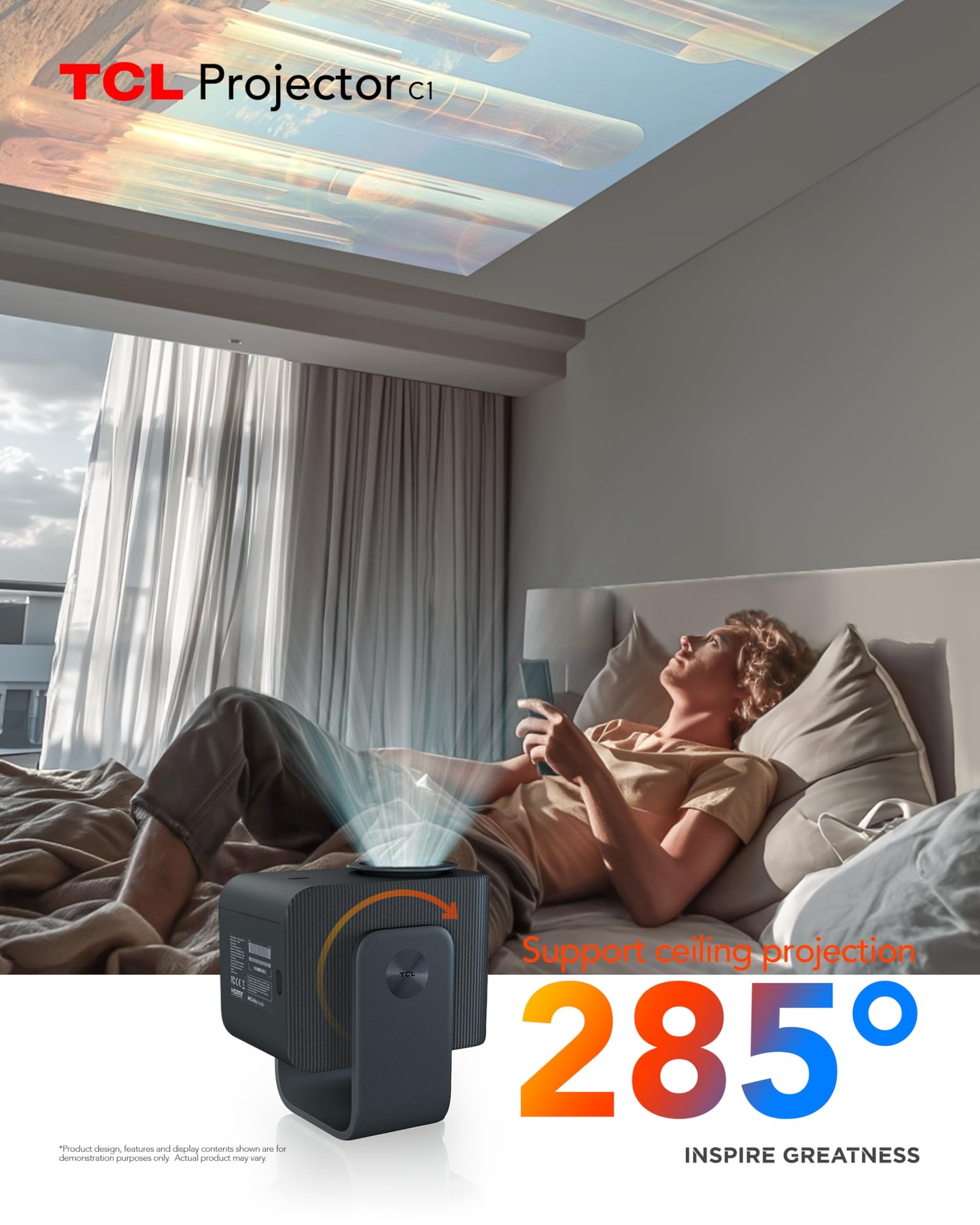 TCL C1 Smart Projector 4K Support, Google TV & Netflix Officially Licensed, WIFI and Bluetooth, Auto Focus Keystone, Native 1080p, Dolby Audio, 285°