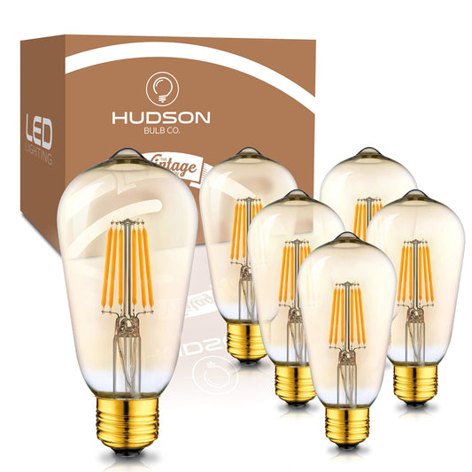 Hudson Vintage LED Edison 6W Bulb Set - 6-Pack 2200K Dimmable Warm Illumination (60W Equivalent) - E26/27 Base, Amber Gold Tint Glass - ST58