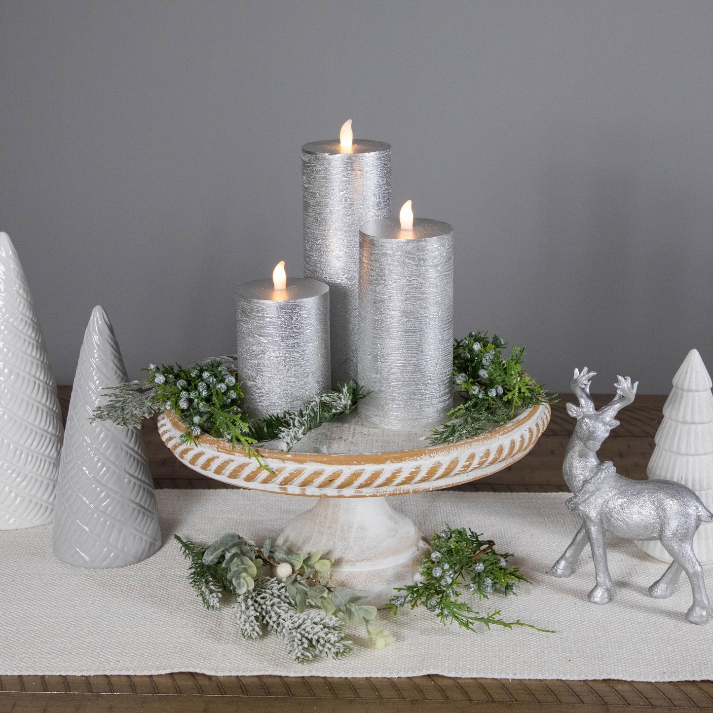 Northlight Flameless Flickering LED Wax Pillar Candles - 8" - Brushed Silver - Set of 3