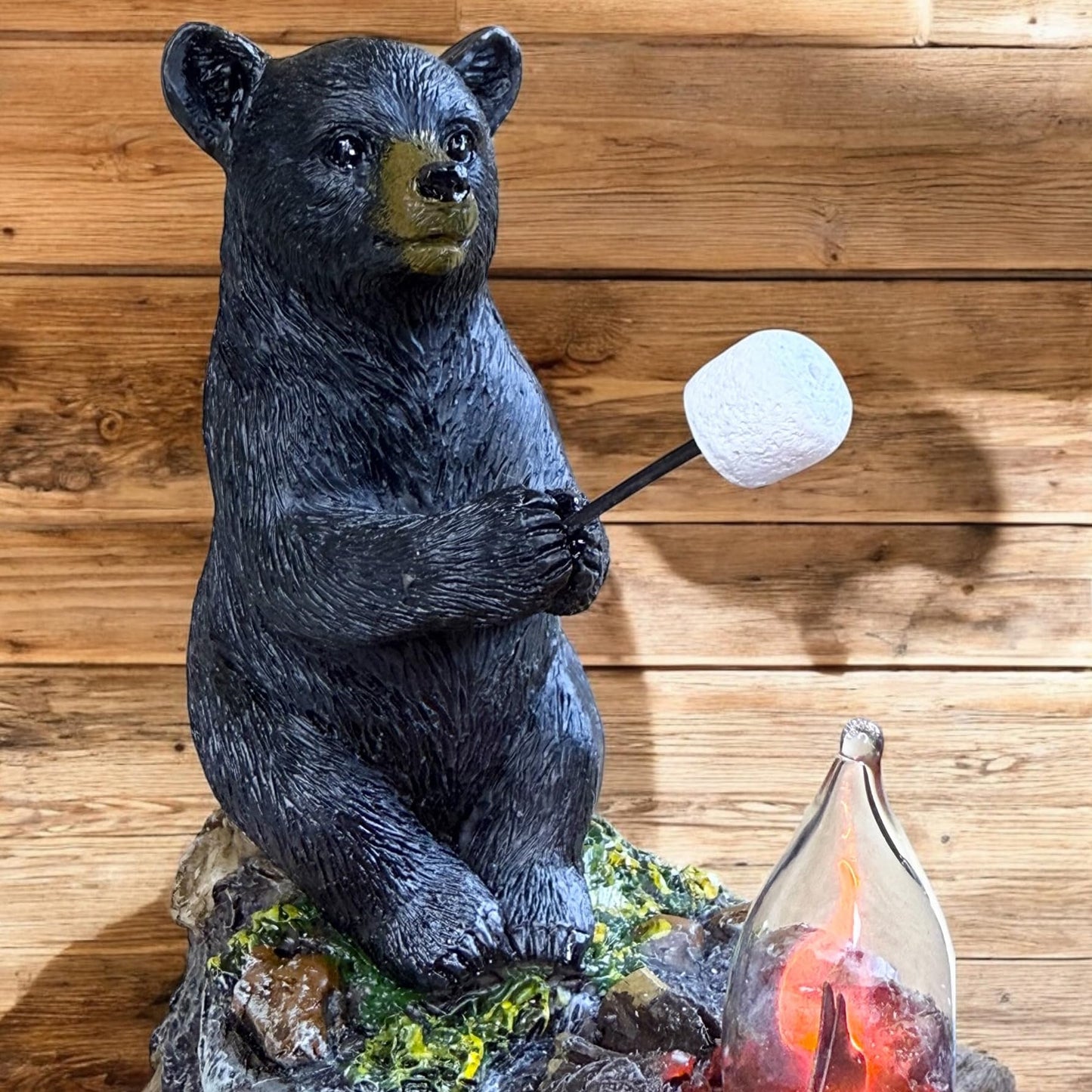 Top Brass Rustic Black Bear Campfire Night Light - Plug-in Flickering Flame Cabin Decor - Hand-Painted Resin Wildlife Accent for Lodge, Bathroom