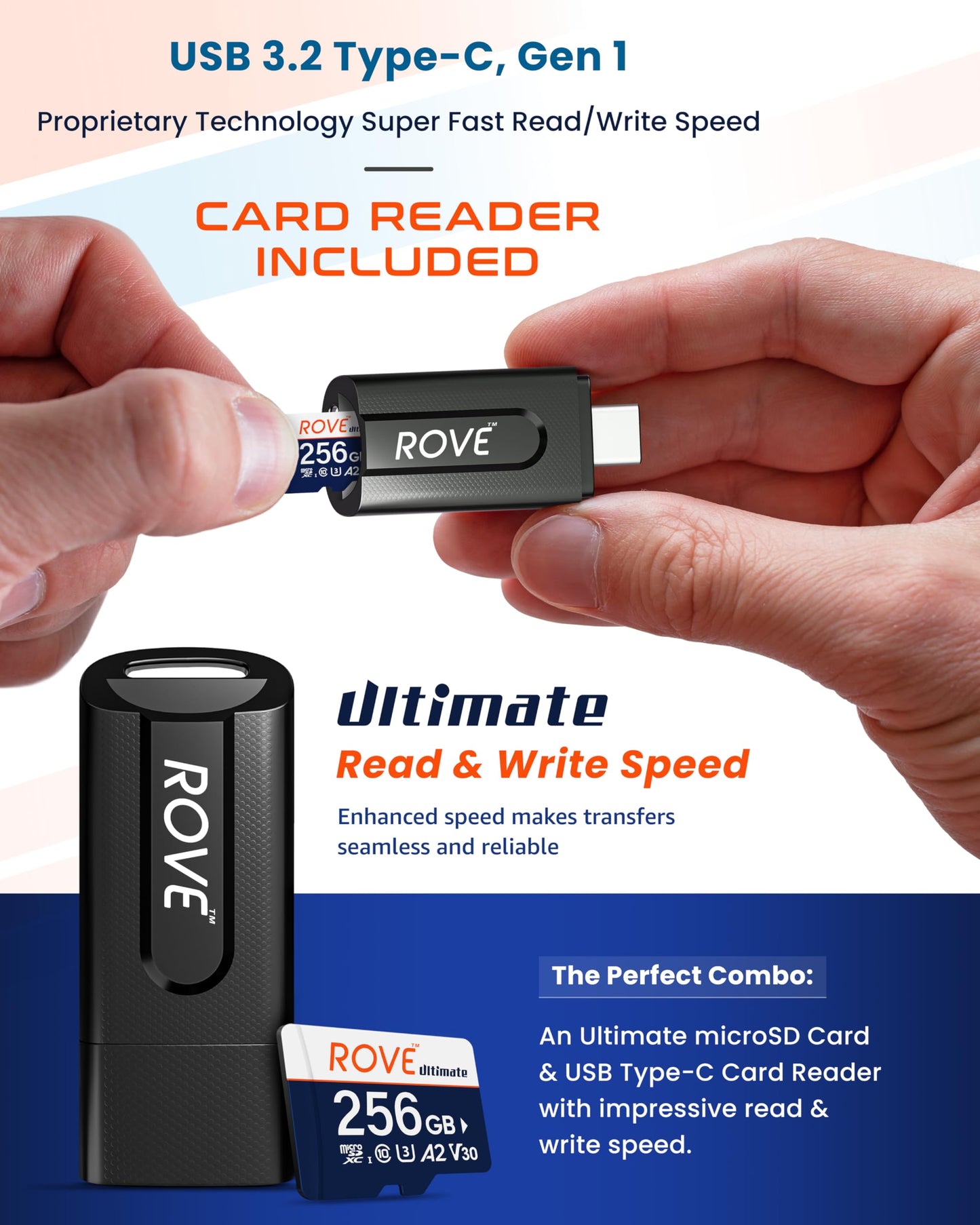 ROVE Ultimate Micro SD Card microSDXC 256GB Memory Card with USB 3.2 Type C Card Reader 170MB/s C10, U3, V30, 4K, A2 for Dash Cam, Android Smart