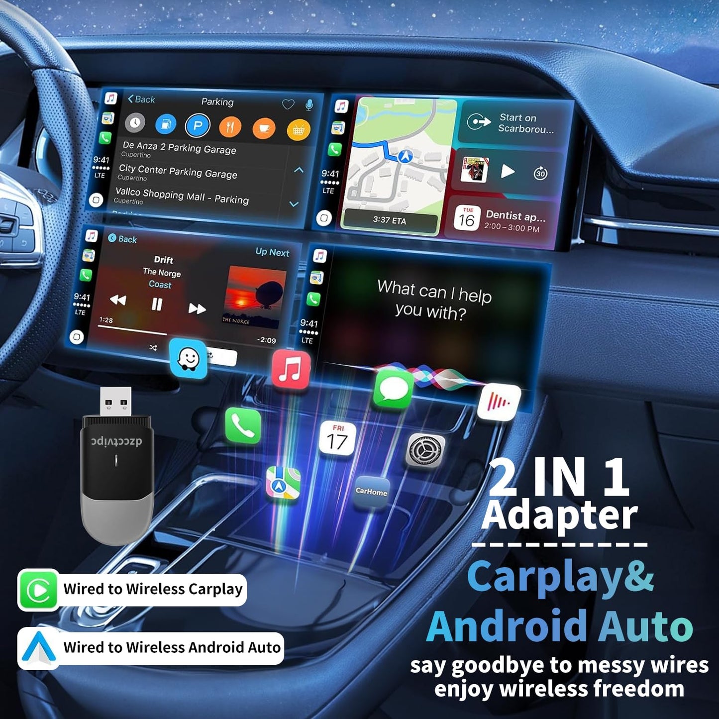 Wireless CarPlay & Android Auto Adapter - 2-in-1 Wired to Wireless Adapter, Plug & Play Mini Dongle for OEM Wired CarPlay Cars, USB-A/USB-C, Auto