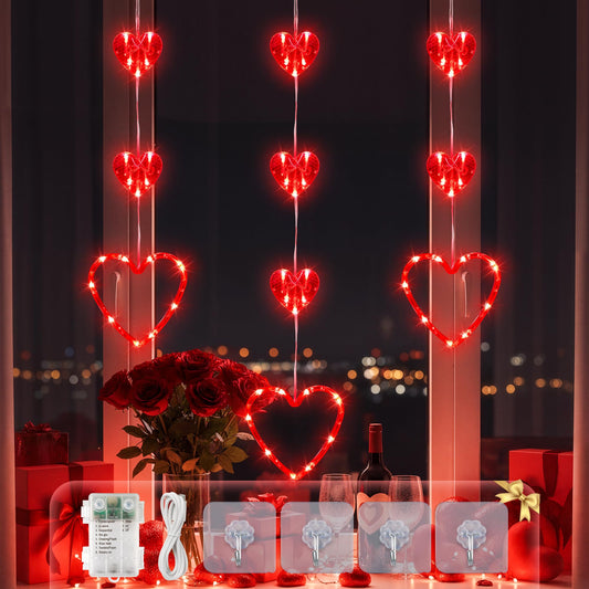 YOUNGAR Valentine's Day Heart Window Lights, 5FT 65LED Battery/USB Powered with Timer, Waterproof with 8 Modes Memory for Home Bedroom Birthday Party