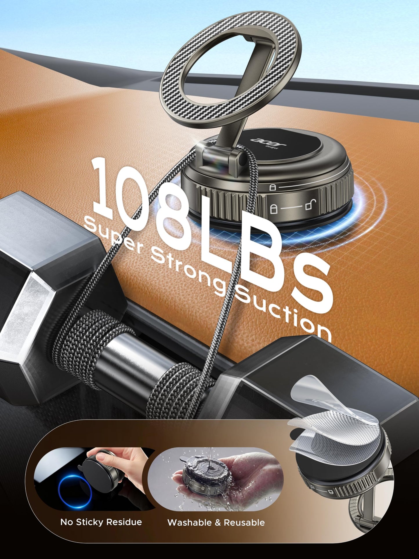 Acer Gadget Car Phone Mount, Magnetic Phone Holders for Your Car [Strongest 108+LBS Suction & 5000gf Magnetic, Carbon Fiber] 360° Adjustable Holder