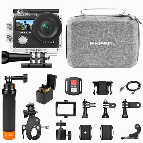 AKASO Brave 4 Action Camera with Waterproof Floating Hand Grip and Carry Bag Bundle - 4K30 20MP Ultra Hd EIS 131ft Underwater Camera 5xZoom Dual