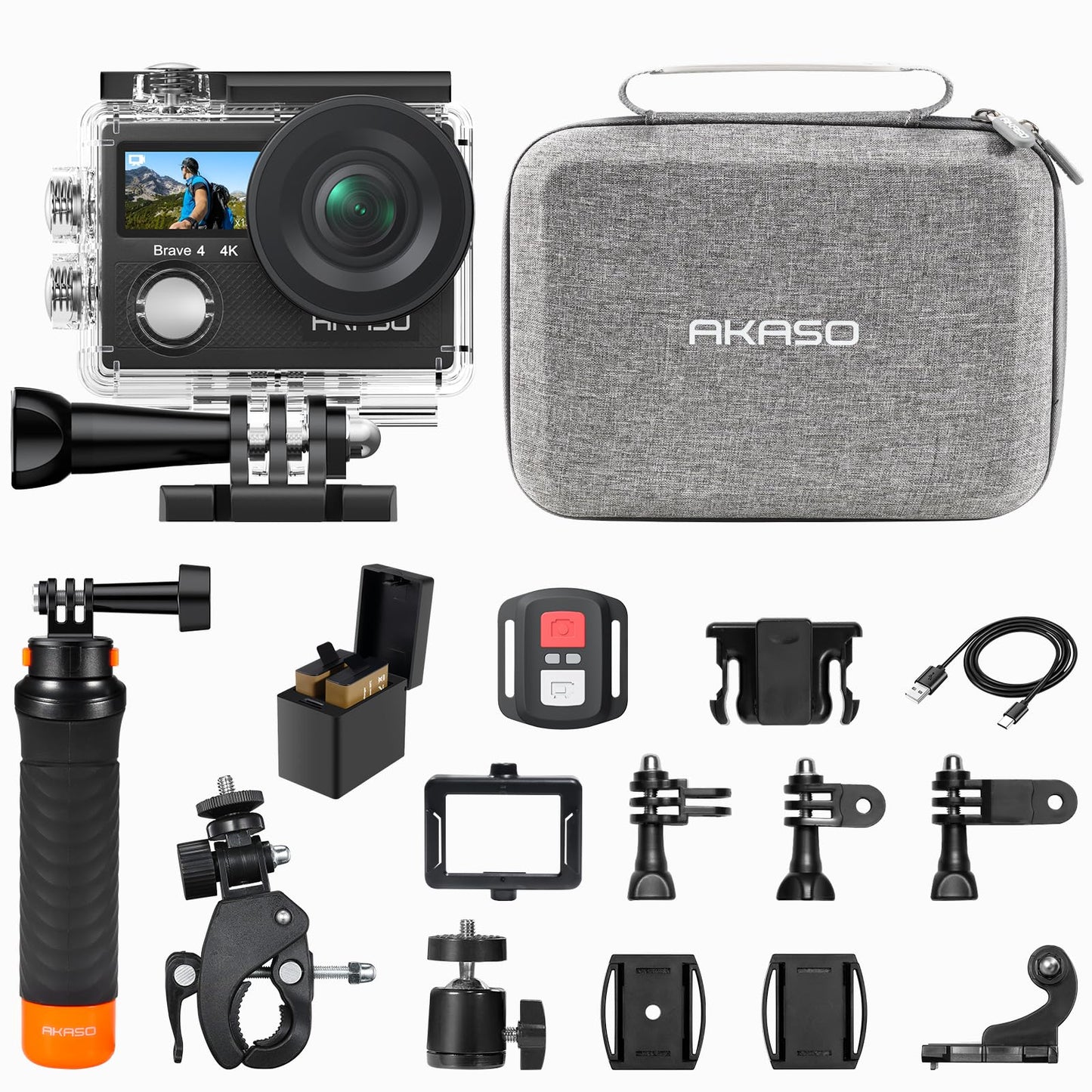 AKASO Brave 4 Action Camera with Waterproof Floating Hand Grip and Carry Bag Bundle - 4K30 20MP Ultra Hd EIS 131ft Underwater Camera 5xZoom Dual