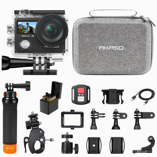 AKASO Brave 4 Action Camera with Waterproof Floating Hand Grip and Carry Bag Bundle - 4K30 20MP Ultra Hd EIS 131ft Underwater Camera 5xZoom Dual