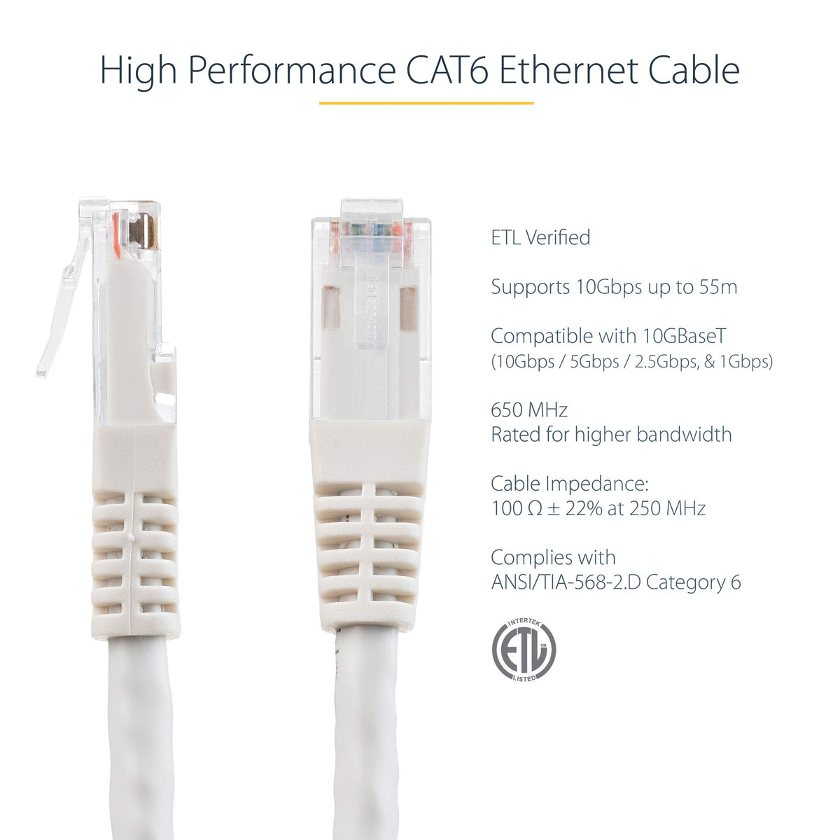 StarTech 100ft CAT6 Ethernet Cable - White CAT 6 Gigabit Ethernet Wire -250Mhz 100W PoE RJ45 UTP Molded Network Patch Cord with Strain Relief