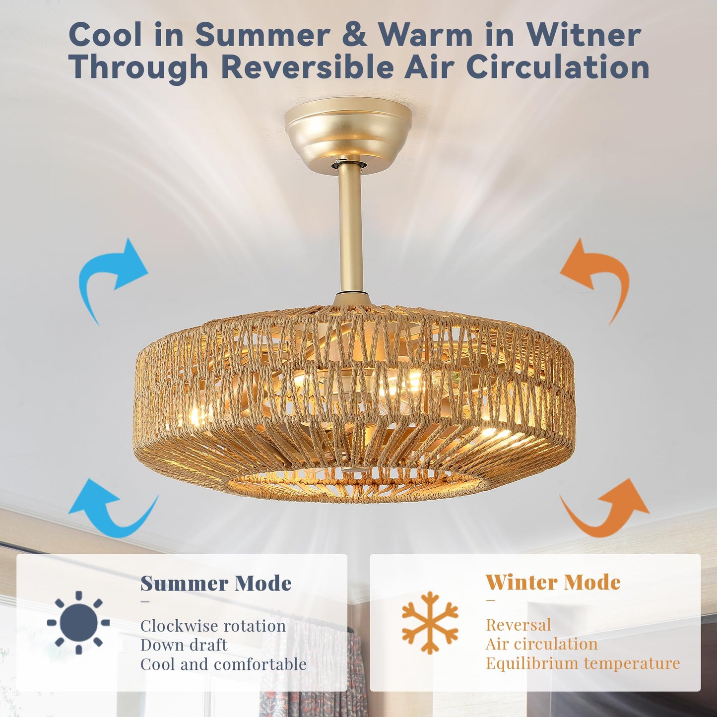 Boho Caged Rattan Fandelier Ceiling Fans with Lights and Remote Control