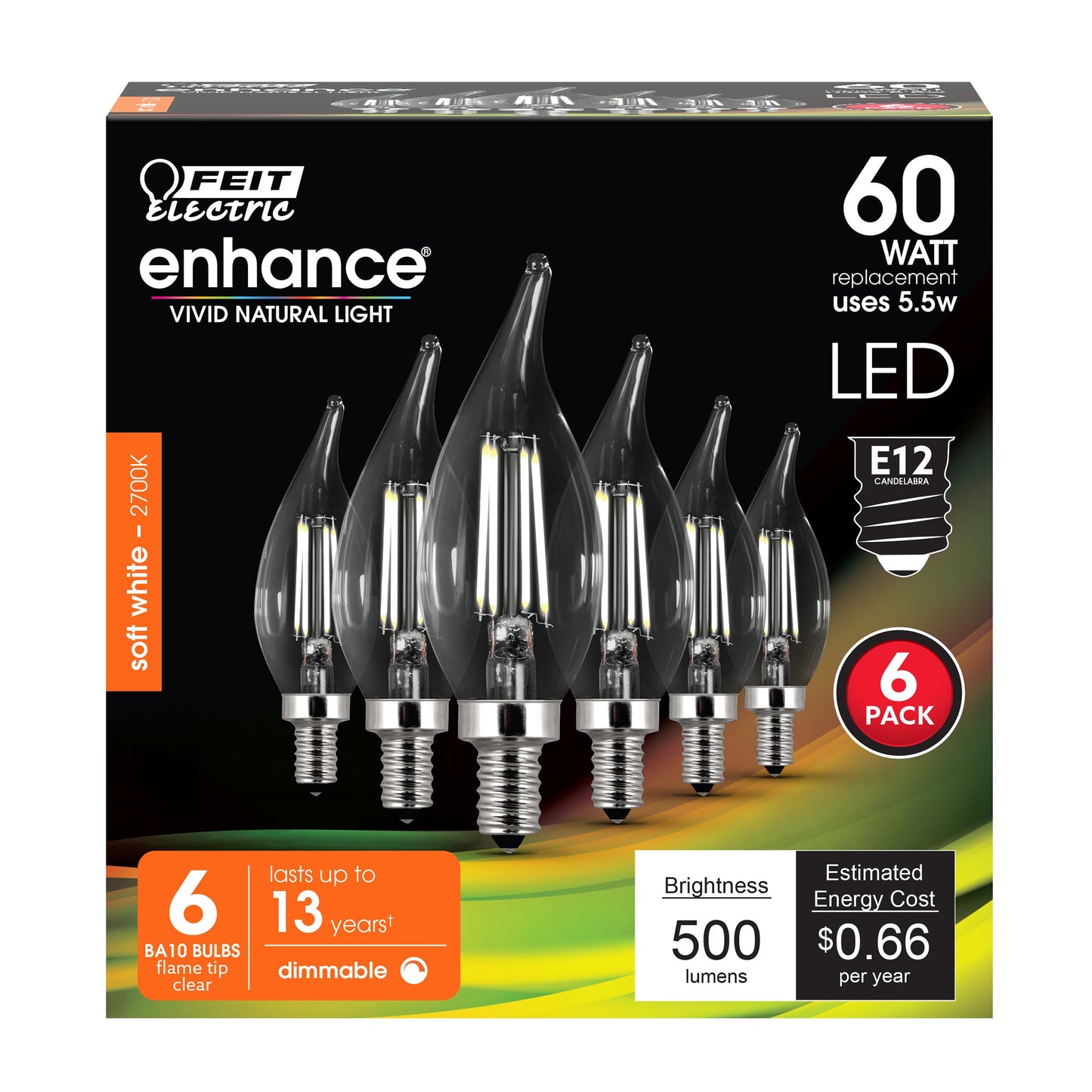 Feit Electric BA10 Enhance LED Light Bulb, 60W Eq, Soft White, 6-Pack