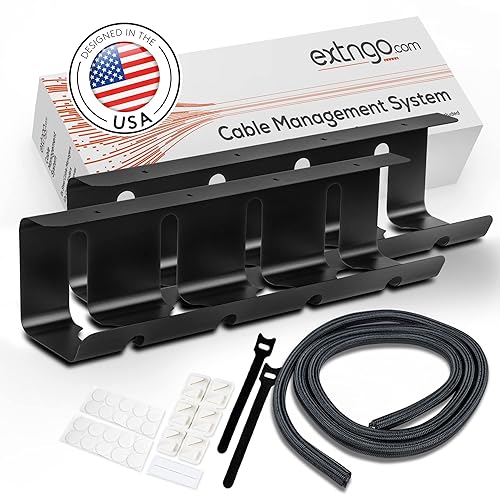 EXTNGO - Under Desk Cable Management Tray [2 Pieces] - Carbon Steel Desk Wire Organizer [16x4x4 in] - No Drilling Wire Management Under Desk with Glue