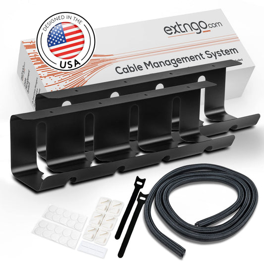 EXTNGO - Under Desk Cable Management Tray [2 Pieces] - Carbon Steel Desk Wire Organizer [16x4x4 in] - No Drilling Wire Management Under Desk with Glue