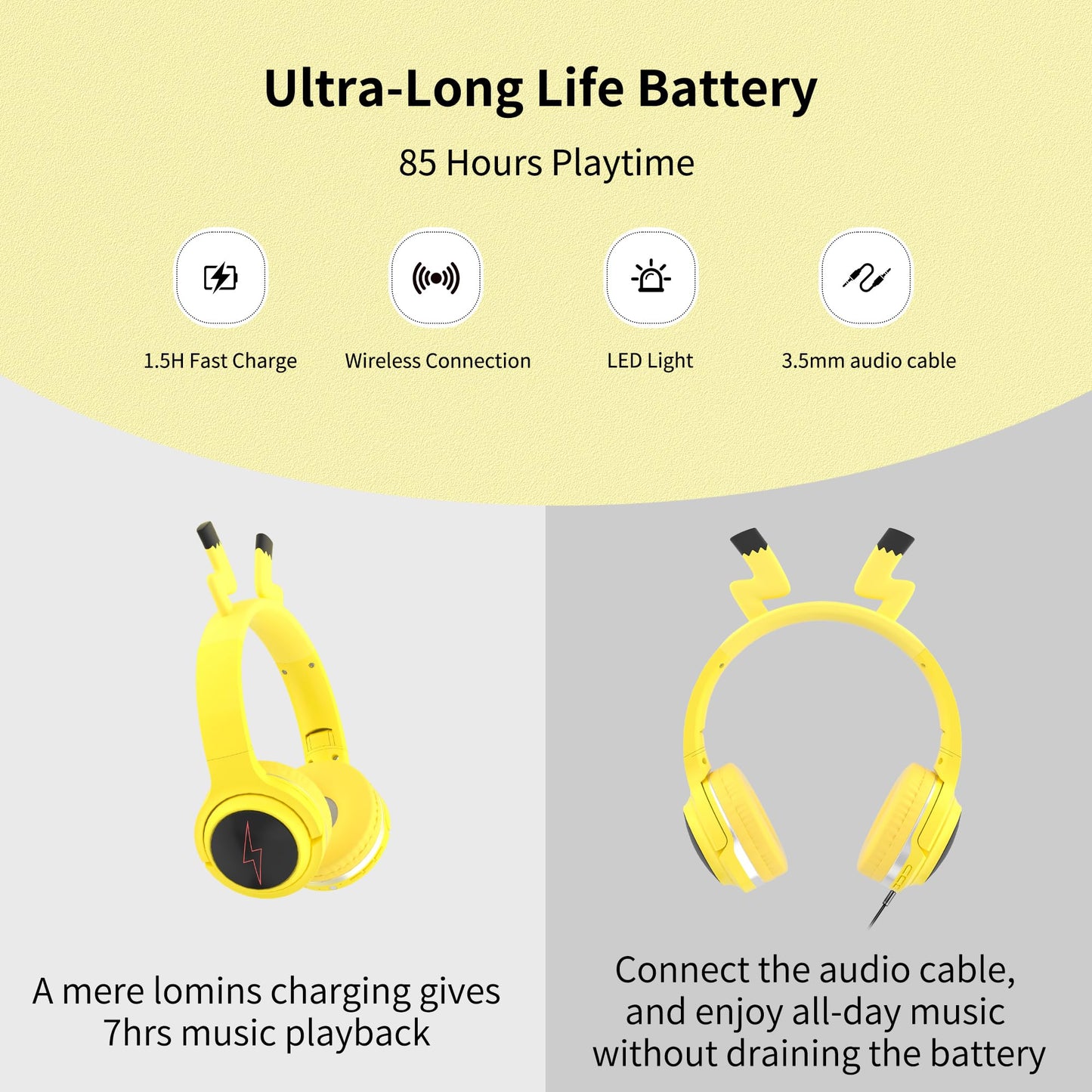 YLFASHION Wireless Kids Headphones with 7-Color LED Lights, 85dB Safe Volume & 40H Playtime - Ultra-Soft Over-Ear for School Travel