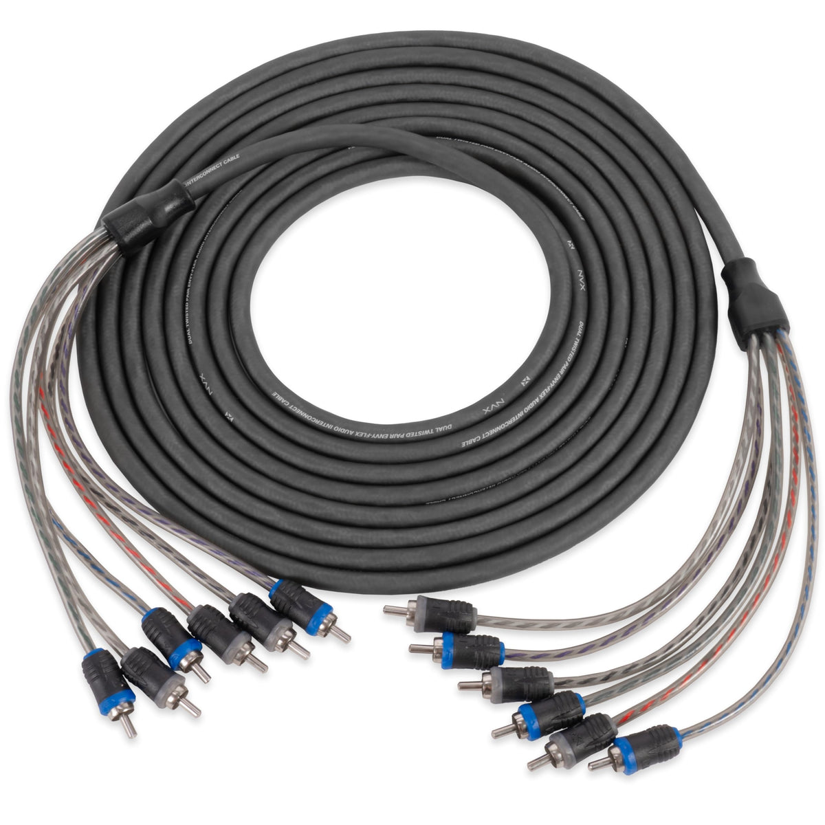 NVX® XIV65 16.4 ft (5 Meter) Oxygen Free Copper 5/6-Channel Twisted Pair V-Series Car Audio RCA Audio Interconnect Cable with Shielded Noise Reduction and Split-tip Silver-Plated Ends