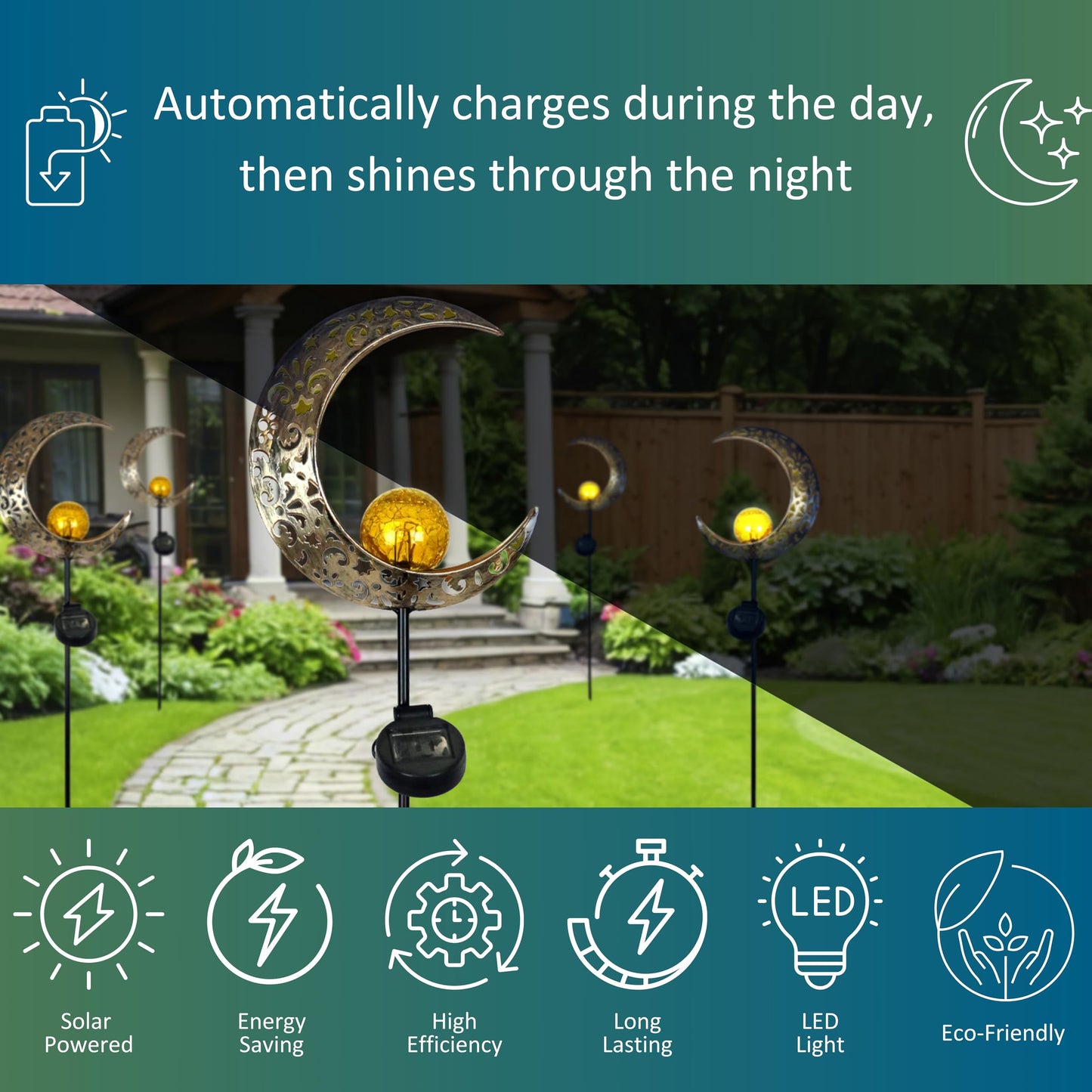MooneLit Creations MCSSMOON Solar LED Crescent Moon Garden Light - Waterproof Metal Stake with Crackled Glass Globe