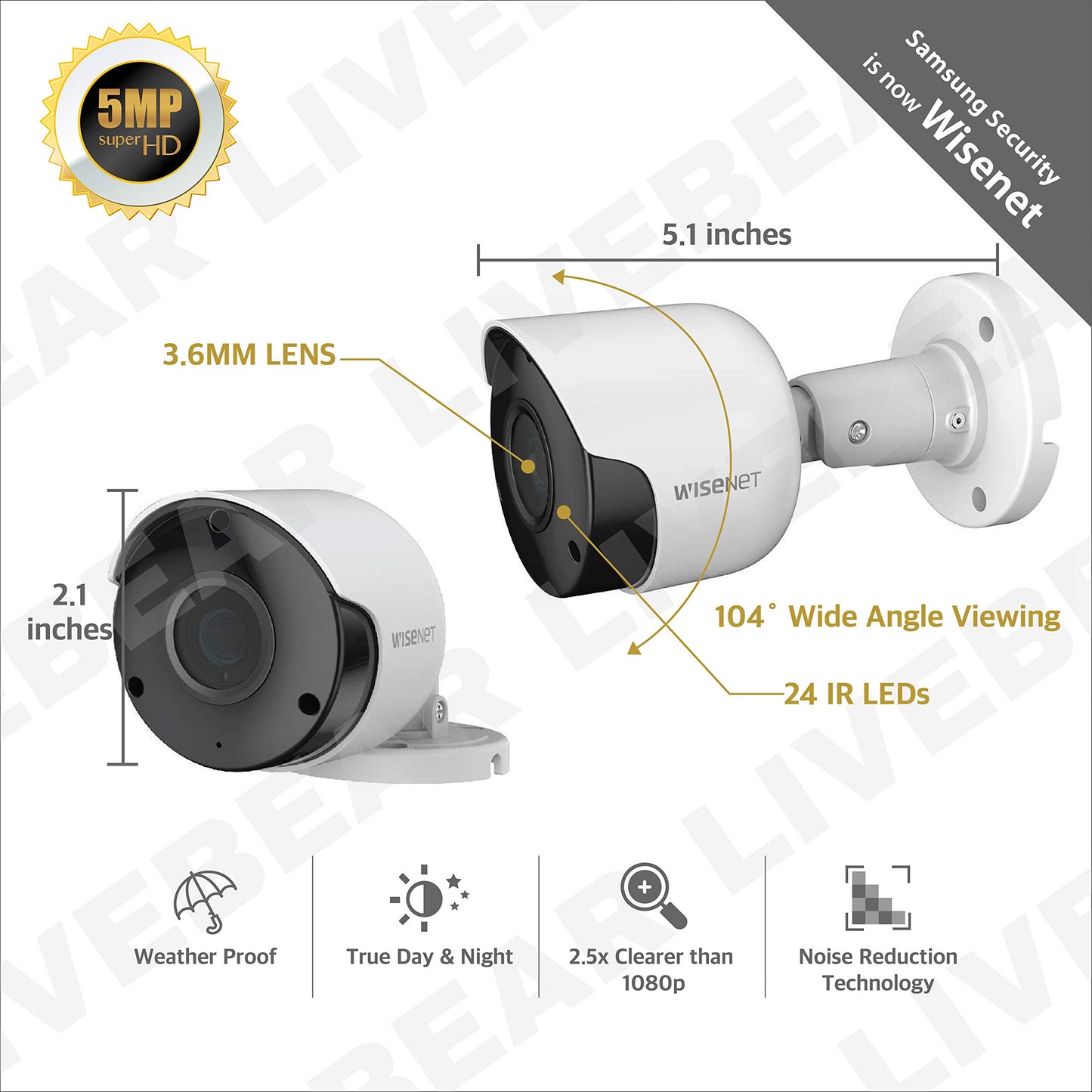 Wisenet SDC-89445BF/89447BF 5MP CCTV Surveillance Weatherproof Bullet Security Camera 82ft IR Distance Plastic Housing 3.6mm Lens 104° Wide Angle (Six